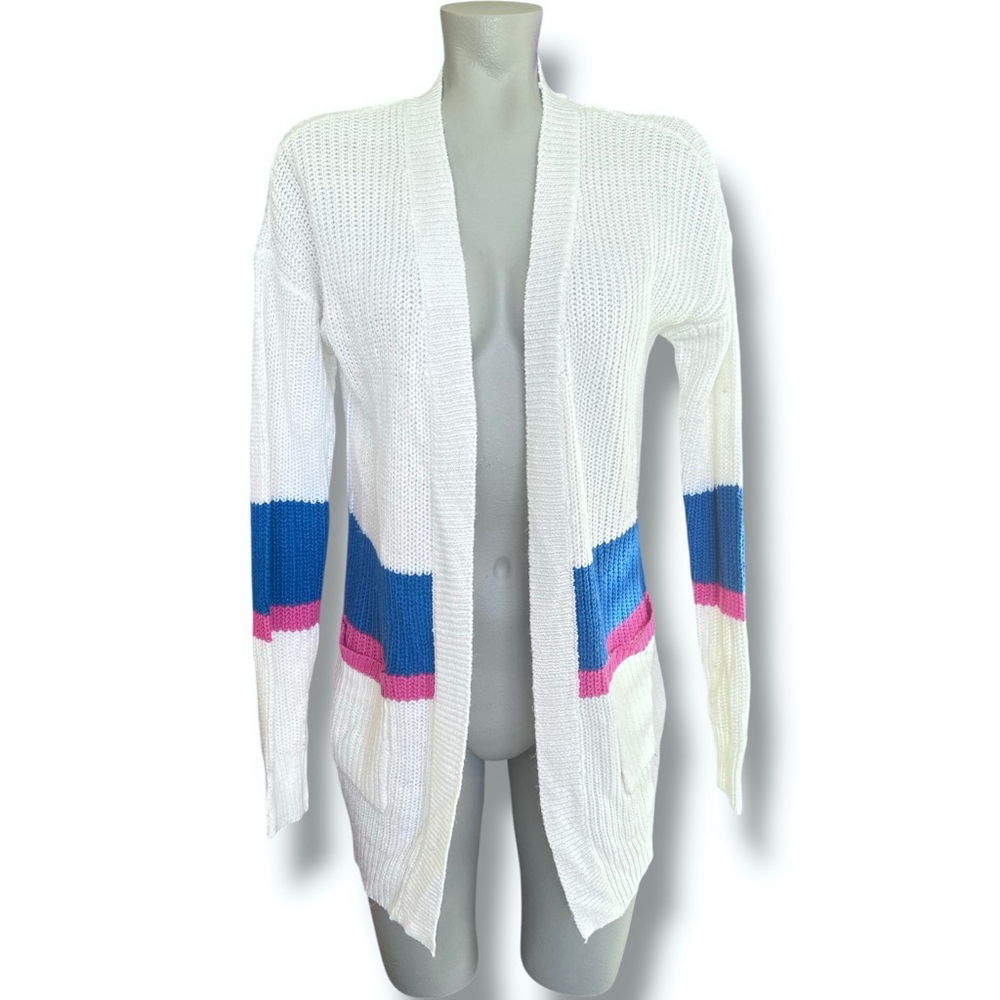 Women's Ultra Flirt White Blue Pink Striped Knit Cardigan S - Picture 2 of 4